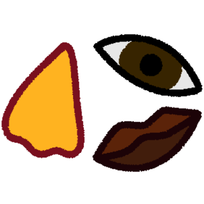 stylized nose, eye and lips in a circle.